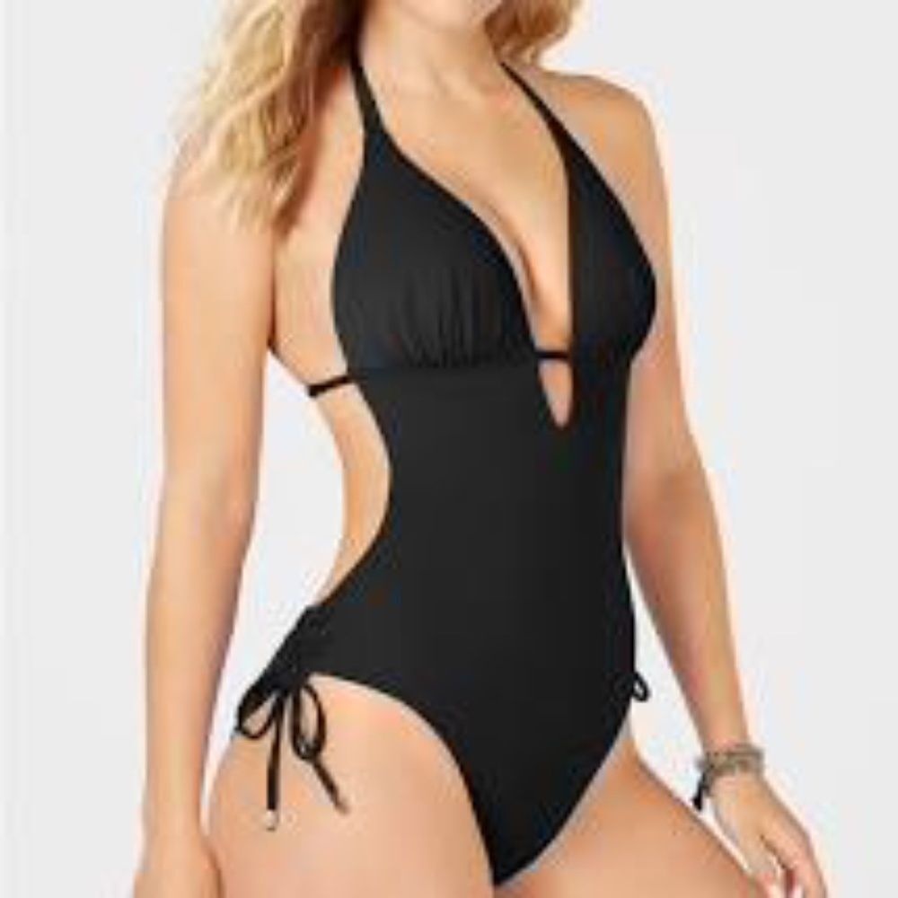 NWT Bar III Women's One Piece Swimsuit XS Black Plunge Neckline Cutout